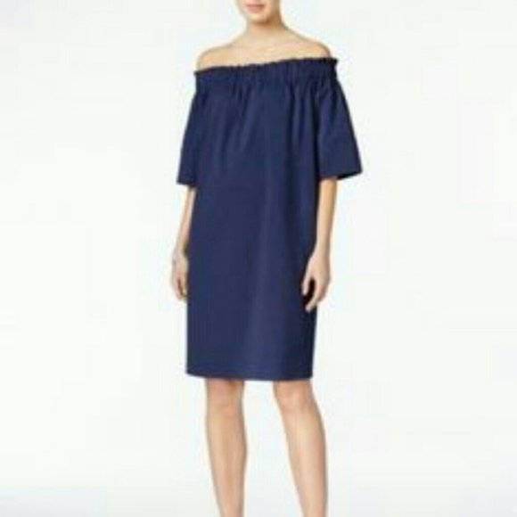 NWT RACHEL Rachel Roy Women's Smocked Off-The-Shoulder Dress Pin Stripe - Picture 1 of 8